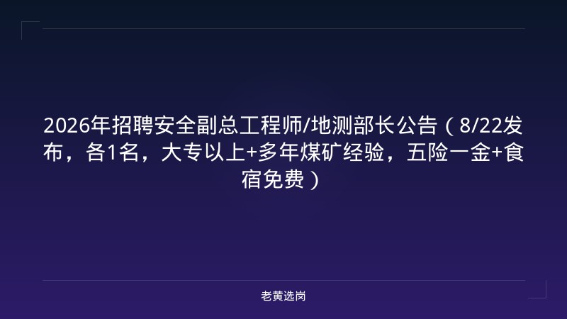 2026年招聘安全副总工程师/地测部长公告（8/22发布，各1名，大专以上+多年煤矿经验，五险一金+食宿免费） - 老黄选岗