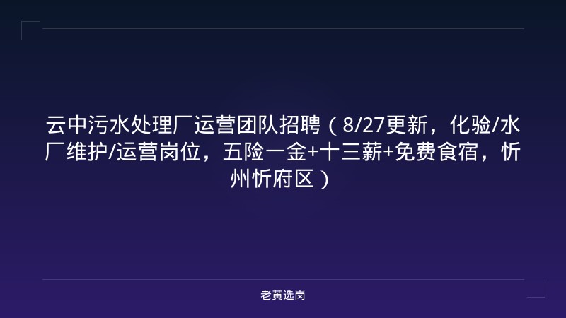 云中污水处理厂运营团队招聘（8/27更新，化验/水厂维护/运营岗位，五险一金+十三薪+免费食宿，忻州忻府区） - 老黄选岗