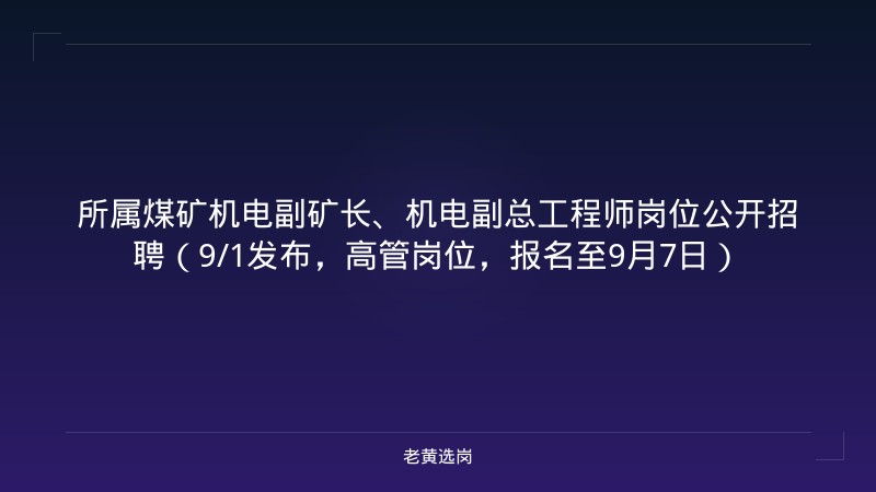 所属煤矿机电副矿长、机电副总工程师岗位公开招聘（9/1发布，高管岗位，报名至9月7日） - 老黄选岗
