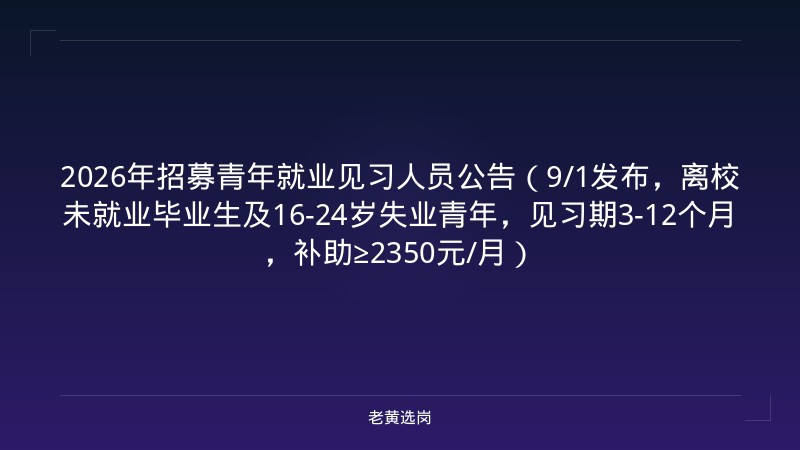 2026年招募青年就业见习人员公告（9/1发布，离校未就业毕业生及16-24岁失业青年，见习期3-12个月，补助≥2350元/月） - 老黄选岗