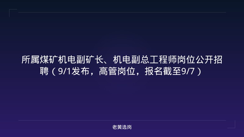 所属煤矿机电副矿长、机电副总工程师岗位公开招聘（9/1发布，高管岗位，报名截至9/7） - 老黄选岗